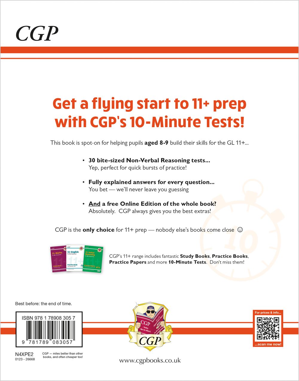 Back cover of the GL 11+ Non-Verbal Reasoning 10-Minute Tests book showing test structure and features