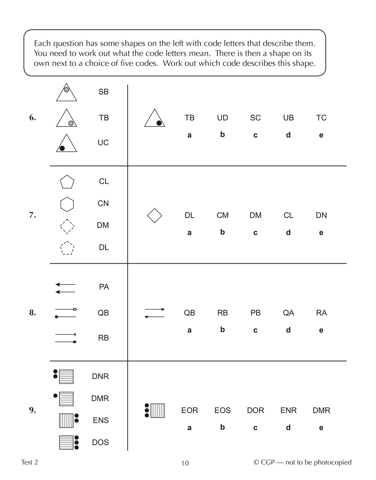 Test page example showing code-based non-verbal reasoning questions with multiple choice answers