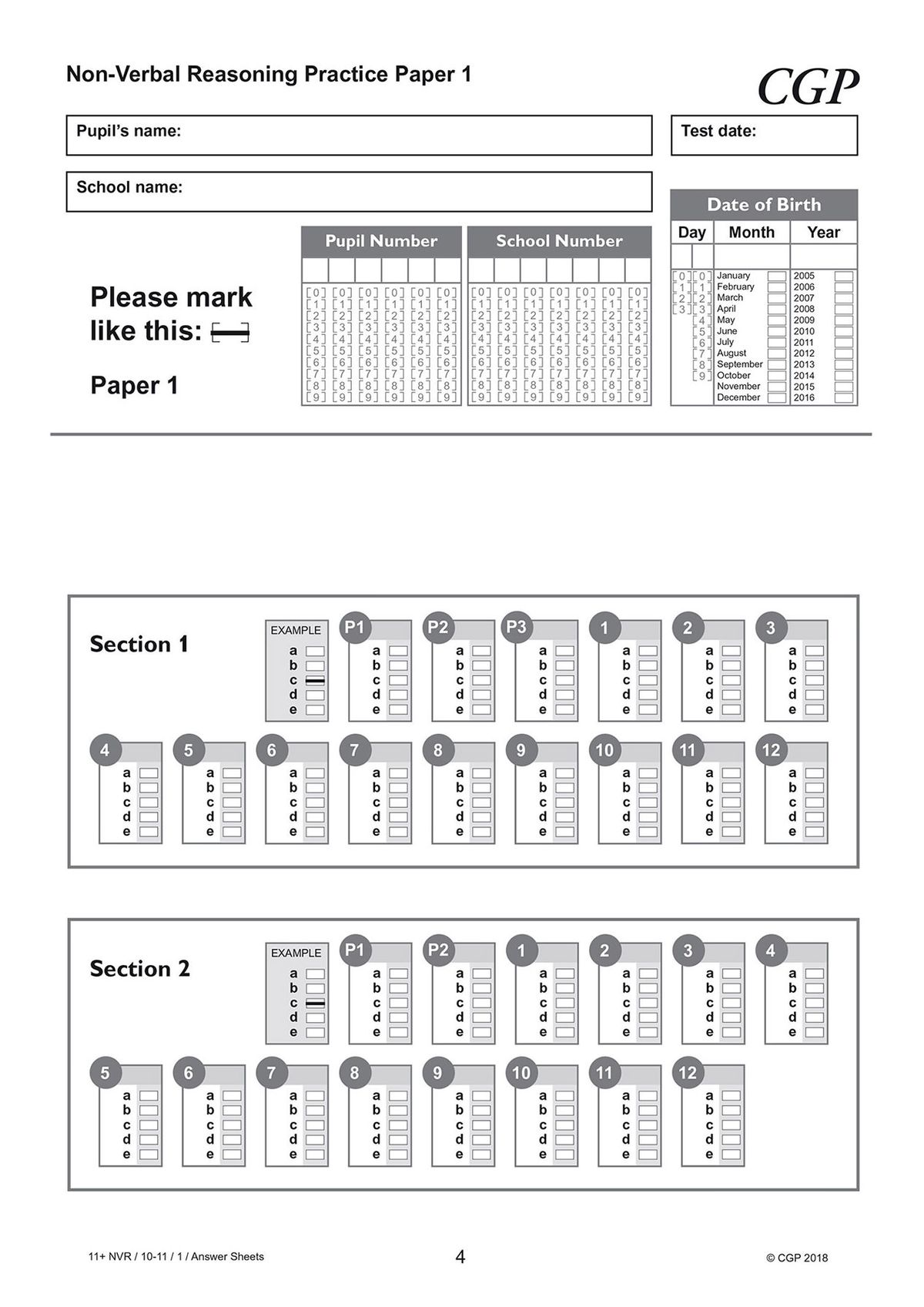 Answer sheet showing multiple-choice grid layout with pupil and school number boxes