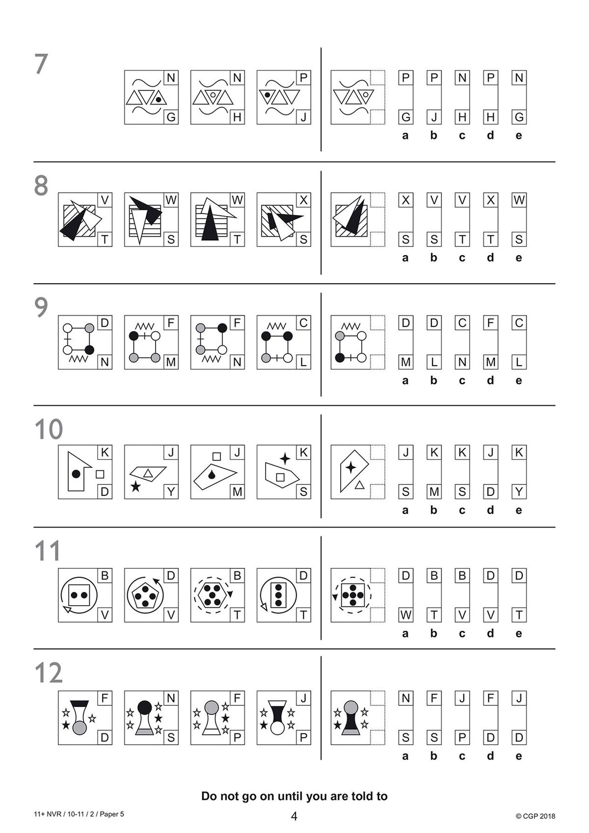Sample page showing non-verbal reasoning questions with shapes, patterns and multiple-choice answers