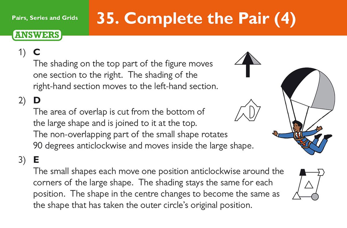 Answer side of question card showing detailed explanations for complete-the-pair puzzles