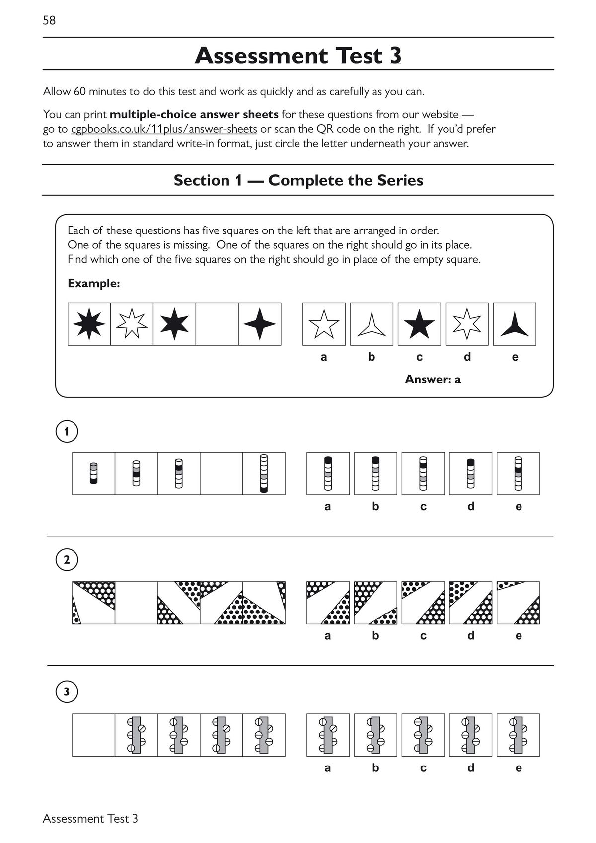 Assessment test page displaying Complete the Series questions with multiple-choice format