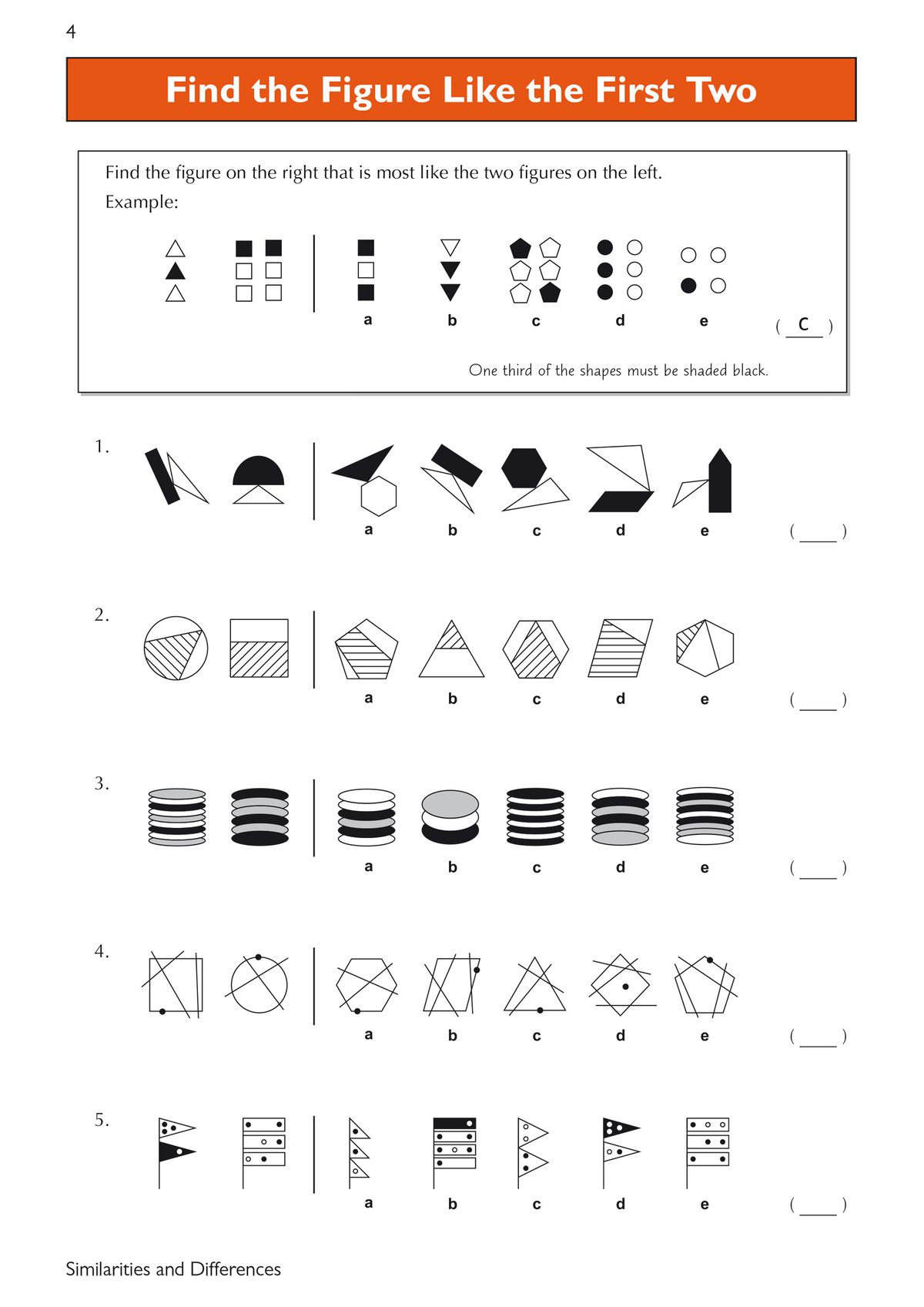 Sample question page showing Find the Figure Like the First Two exercises with multiple-choice answers