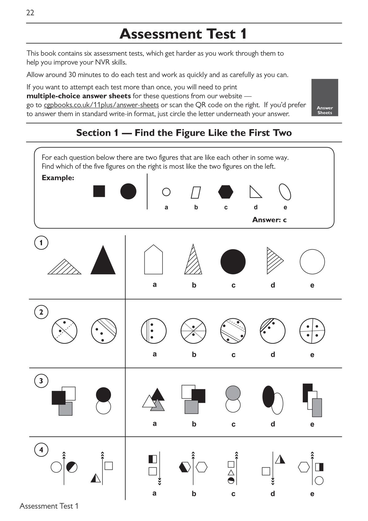 Assessment Test 1 page showing multiple-choice non-verbal reasoning questions