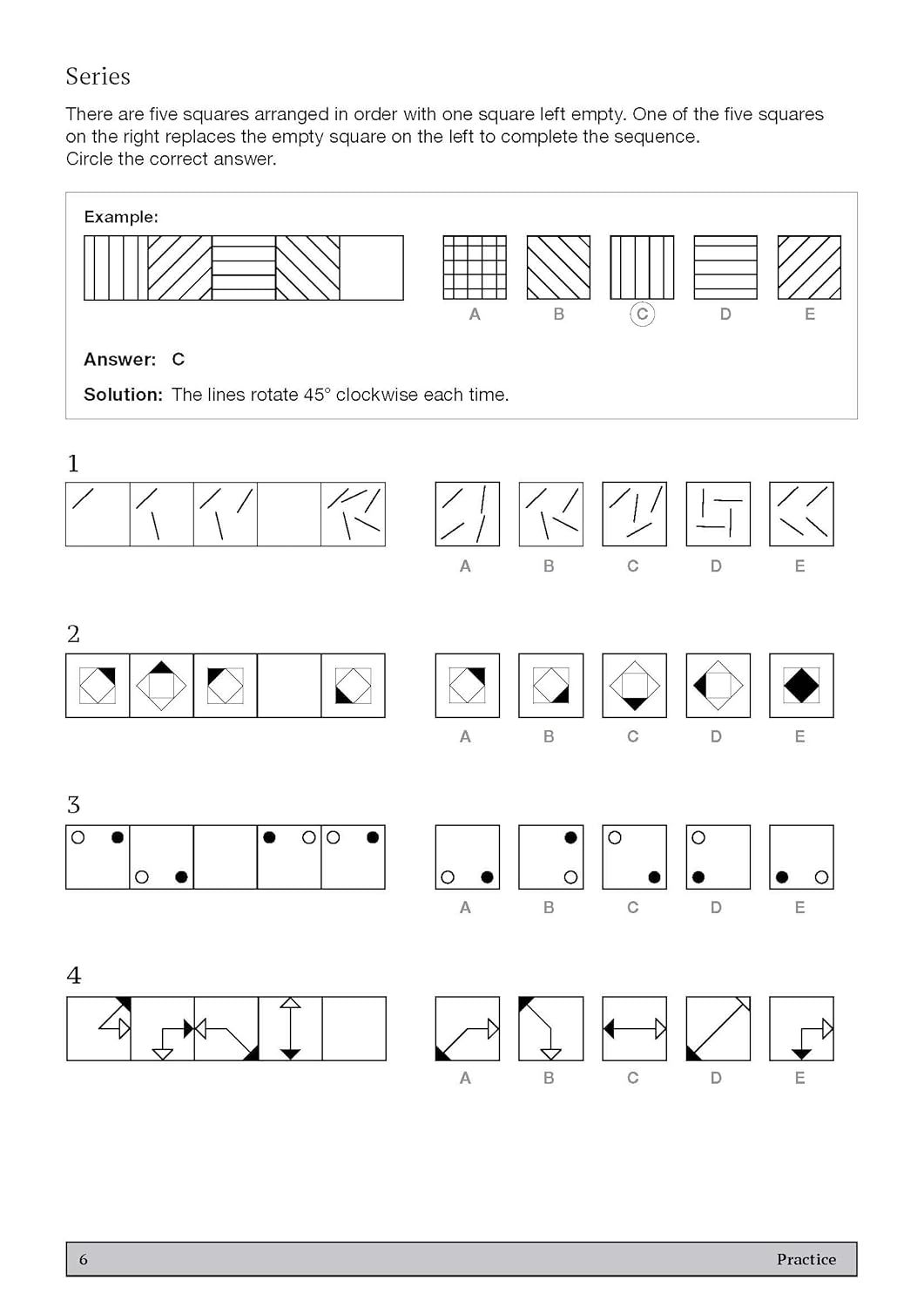 Sample practice page showing series questions with worked examples and multiple-choice answers