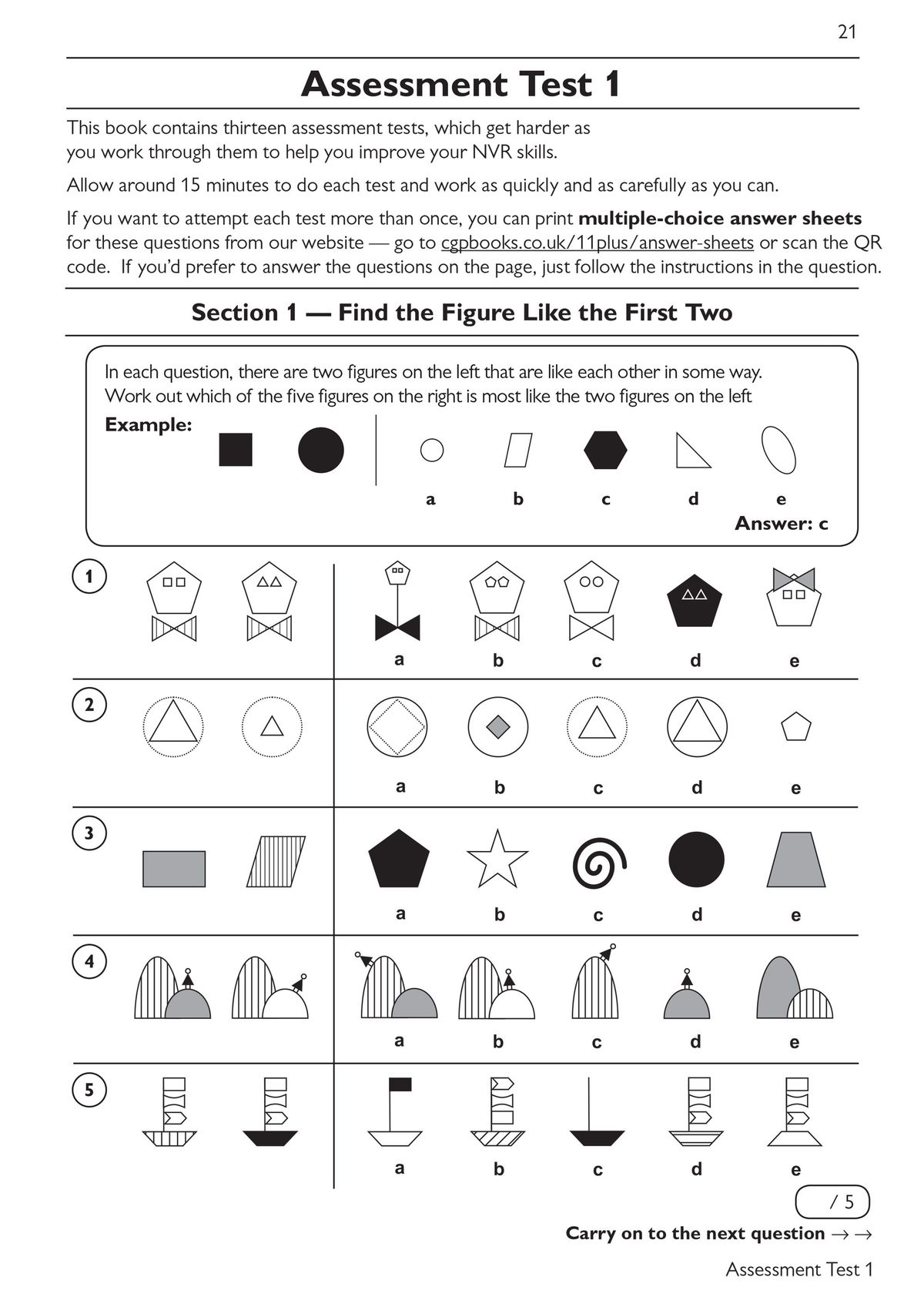 Sample assessment test page showing non-verbal reasoning questions with multiple-choice answers
