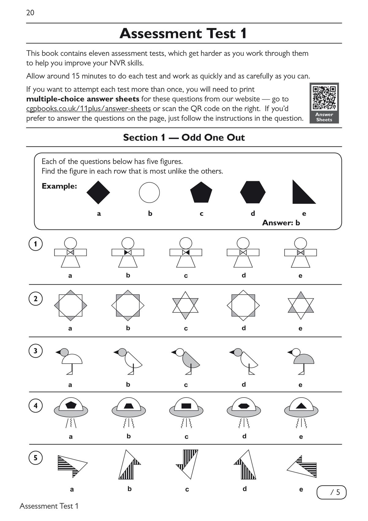 Sample page from Assessment Test 1 showing Odd One Out questions