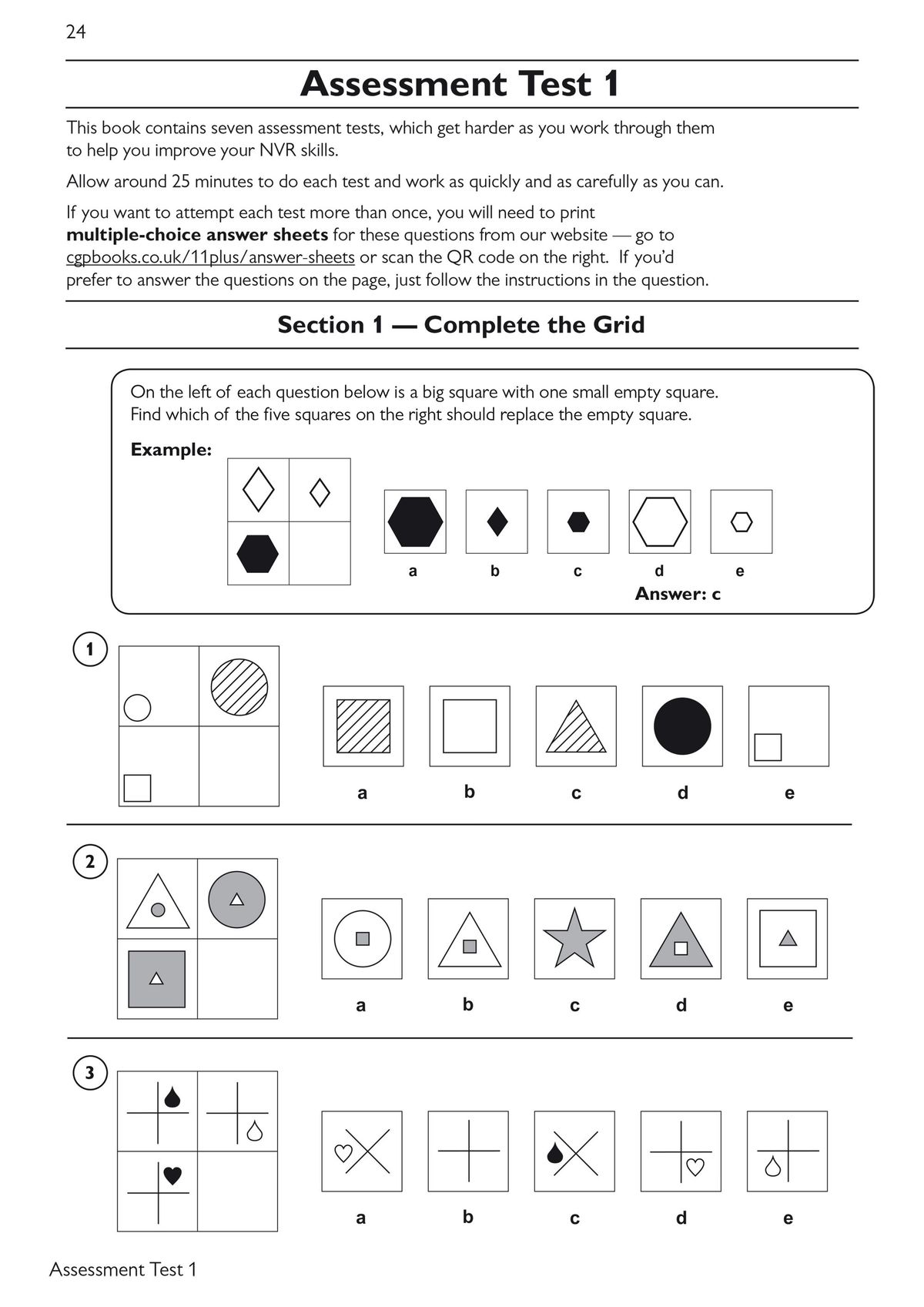 GL 11+ Non-Verbal Reasoning workbook displaying assessment test page with complete the grid questions and multiple choice answers