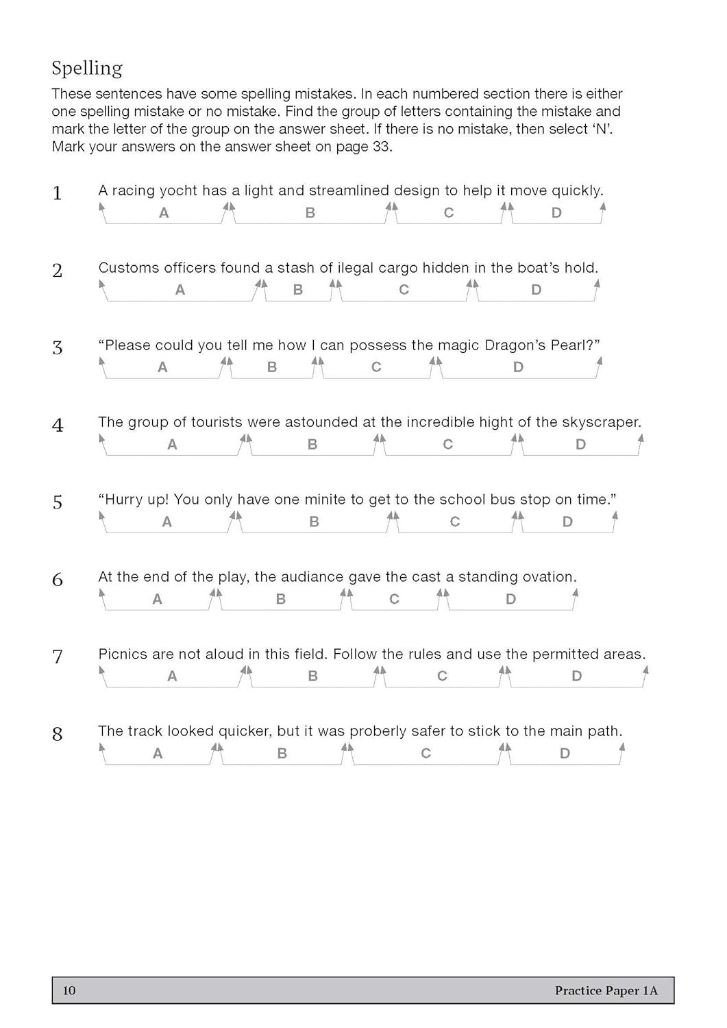 Spelling section demonstrating error-spotting questions with multiple-choice answer format