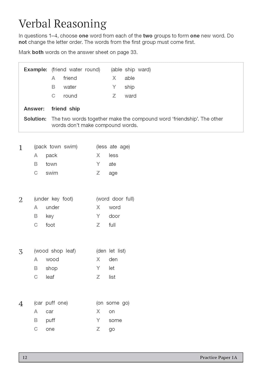 Sample verbal reasoning questions showing compound word formation tasks