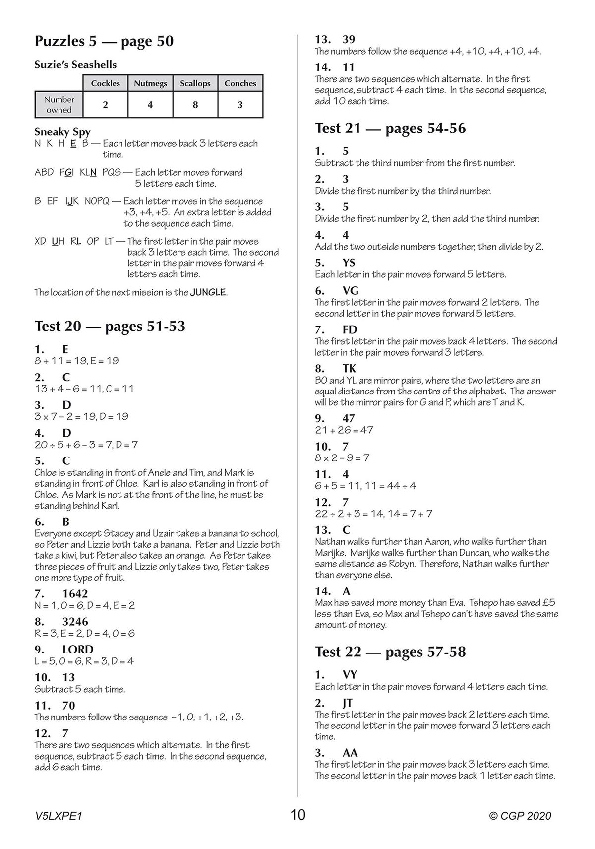 Answer pages showing detailed solutions and explanations for test questions