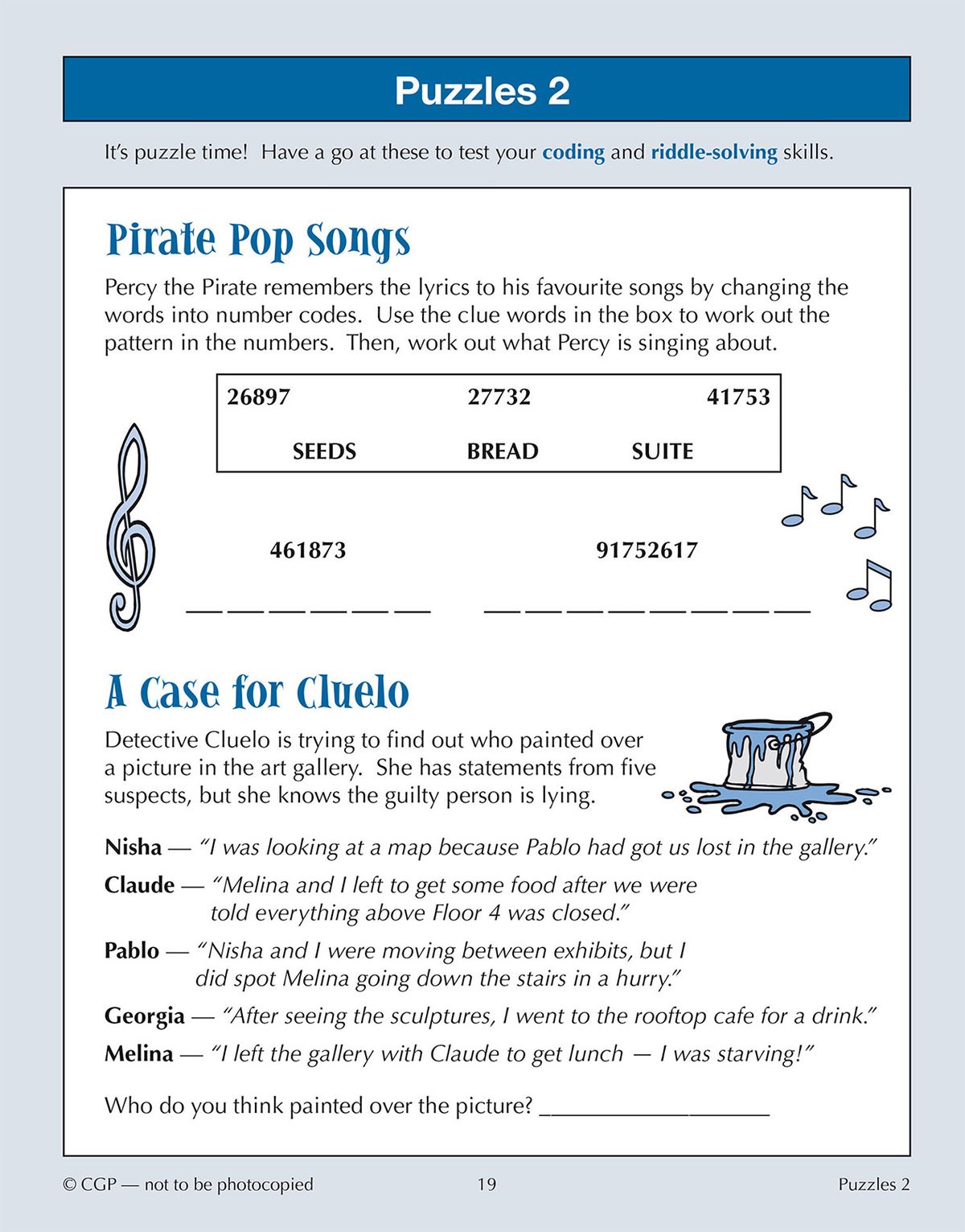 Sample puzzle page showing coding and riddle-solving activities including Pirate Pop Songs and A Case for Cluelo