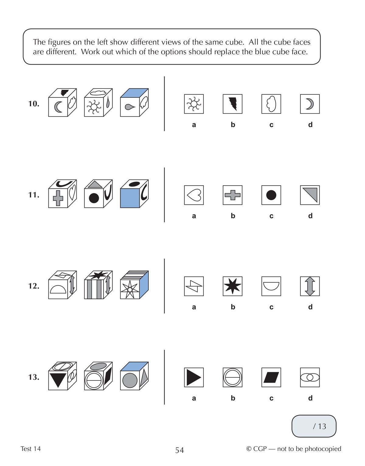 Sample test page displaying 3D cube rotation questions with different face patterns