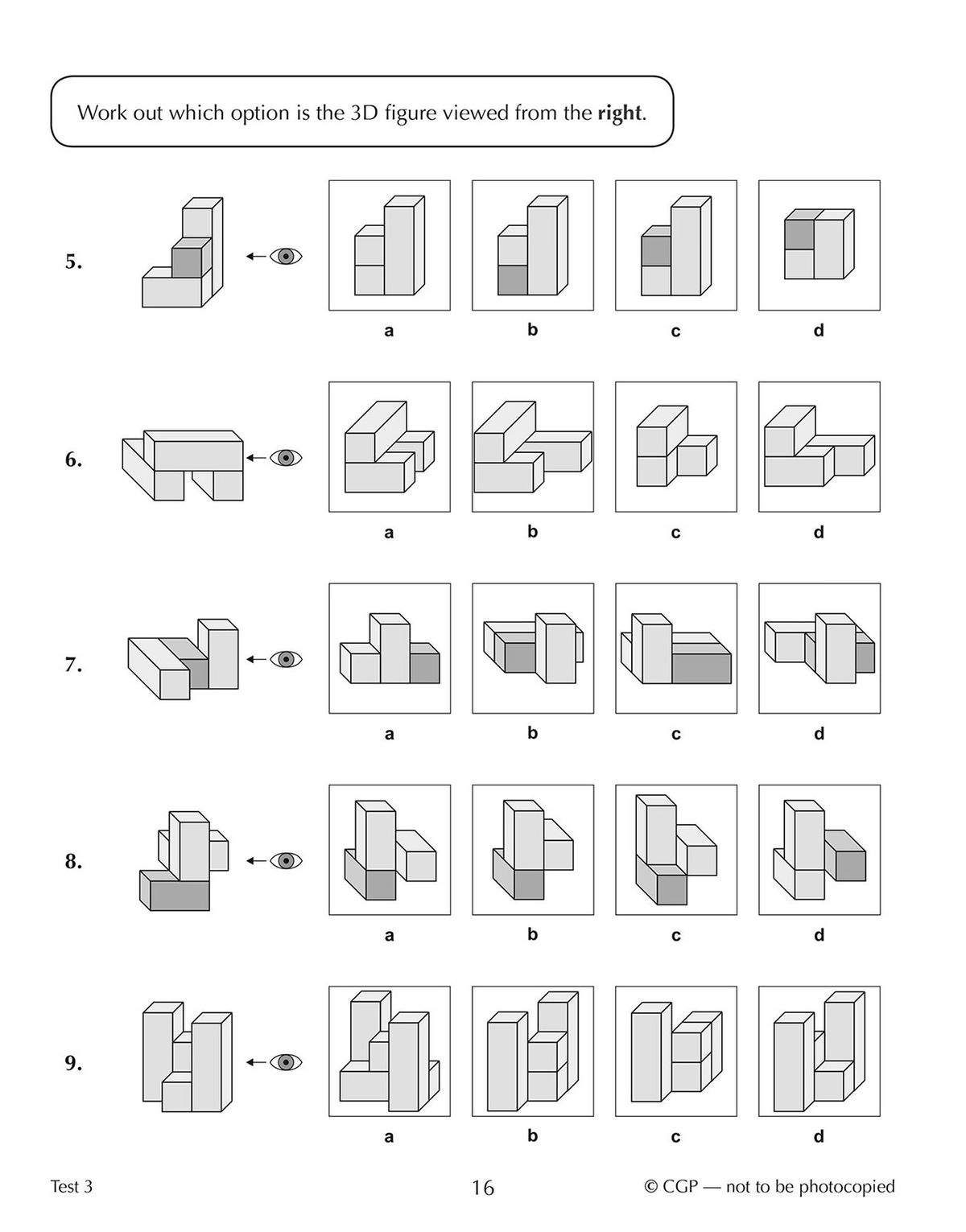 Example test page showing 3D shape viewpoint and perspective questions