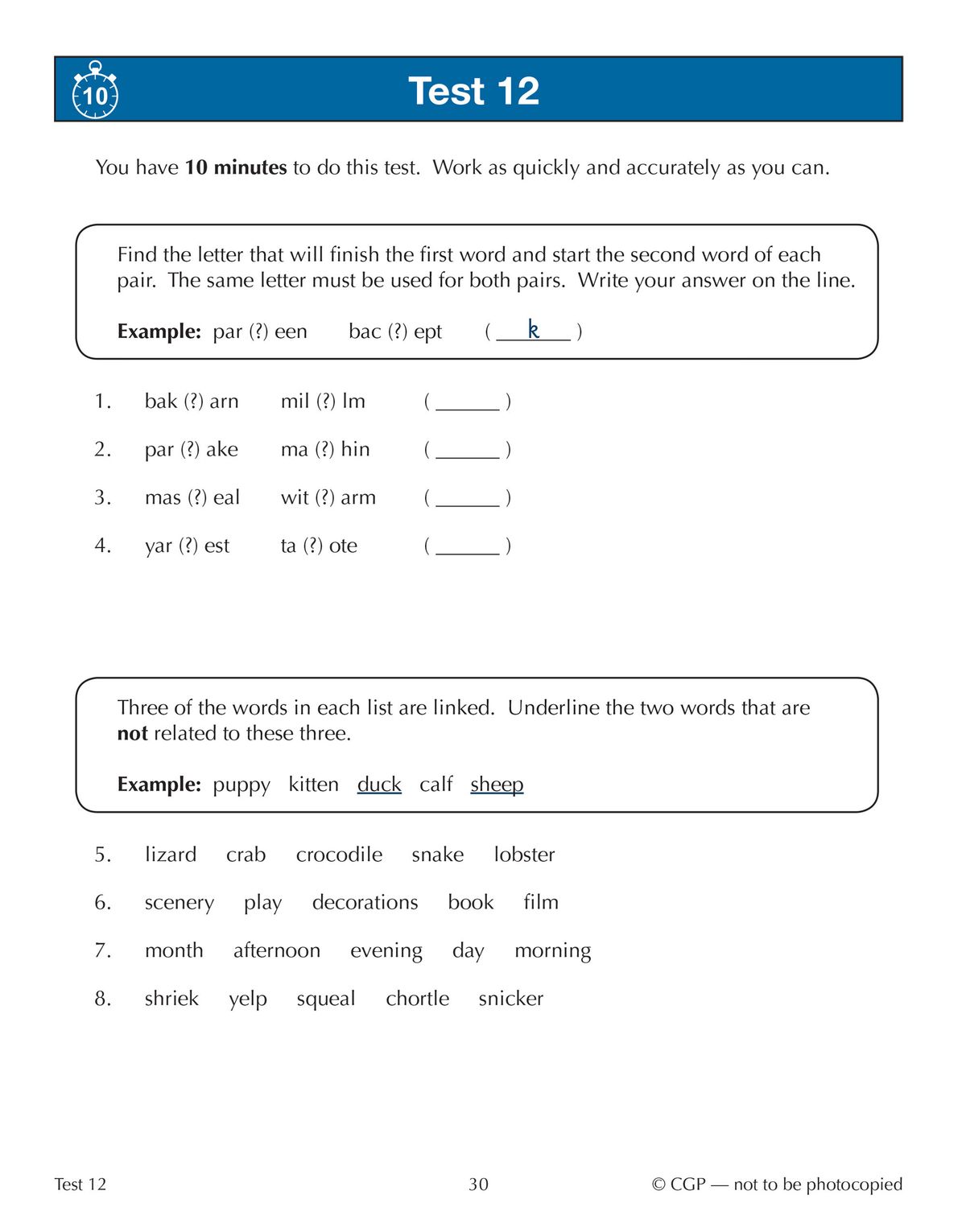 Sample test page showing timed verbal reasoning questions