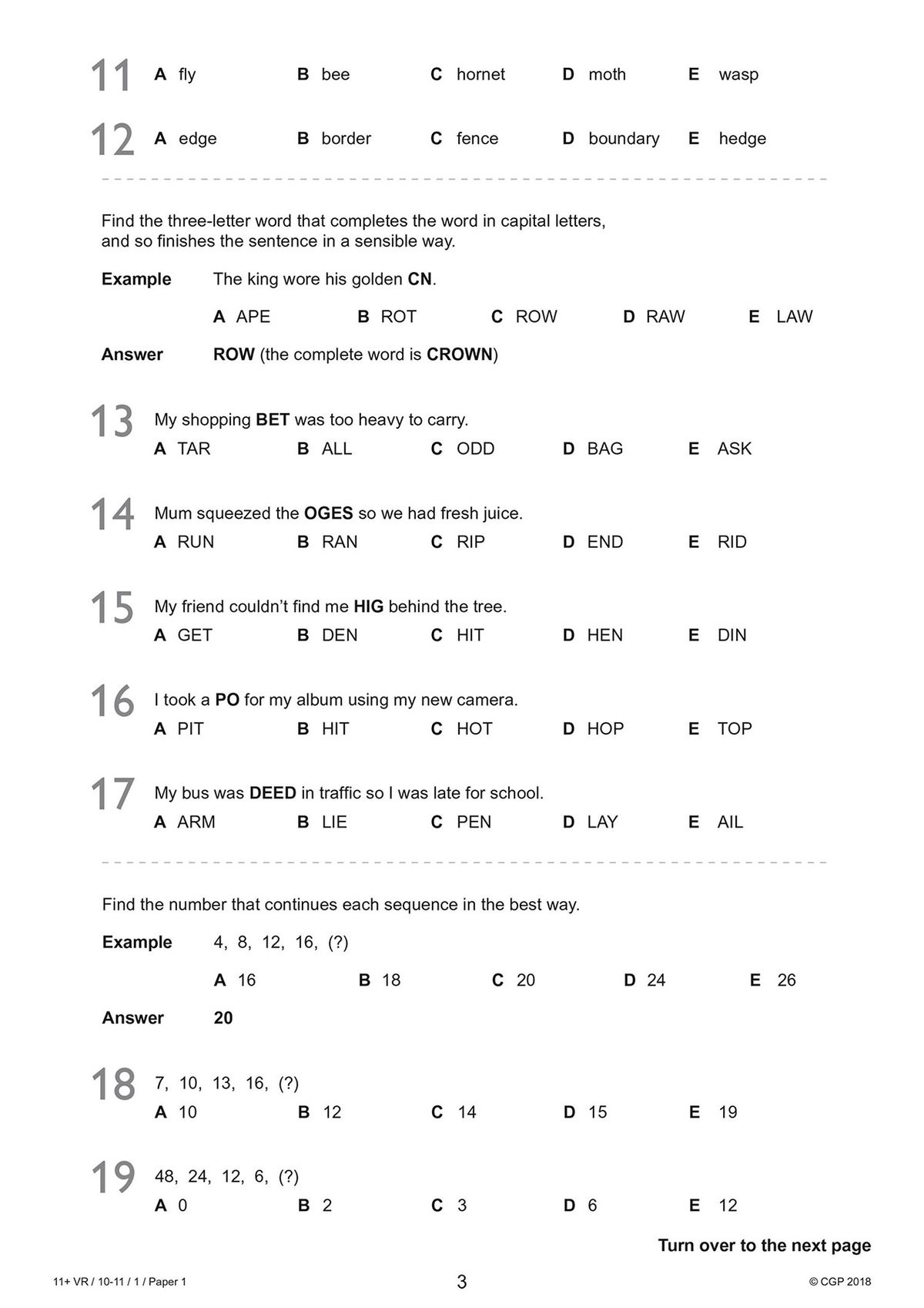 More sample questions including sentence completion and number sequences
