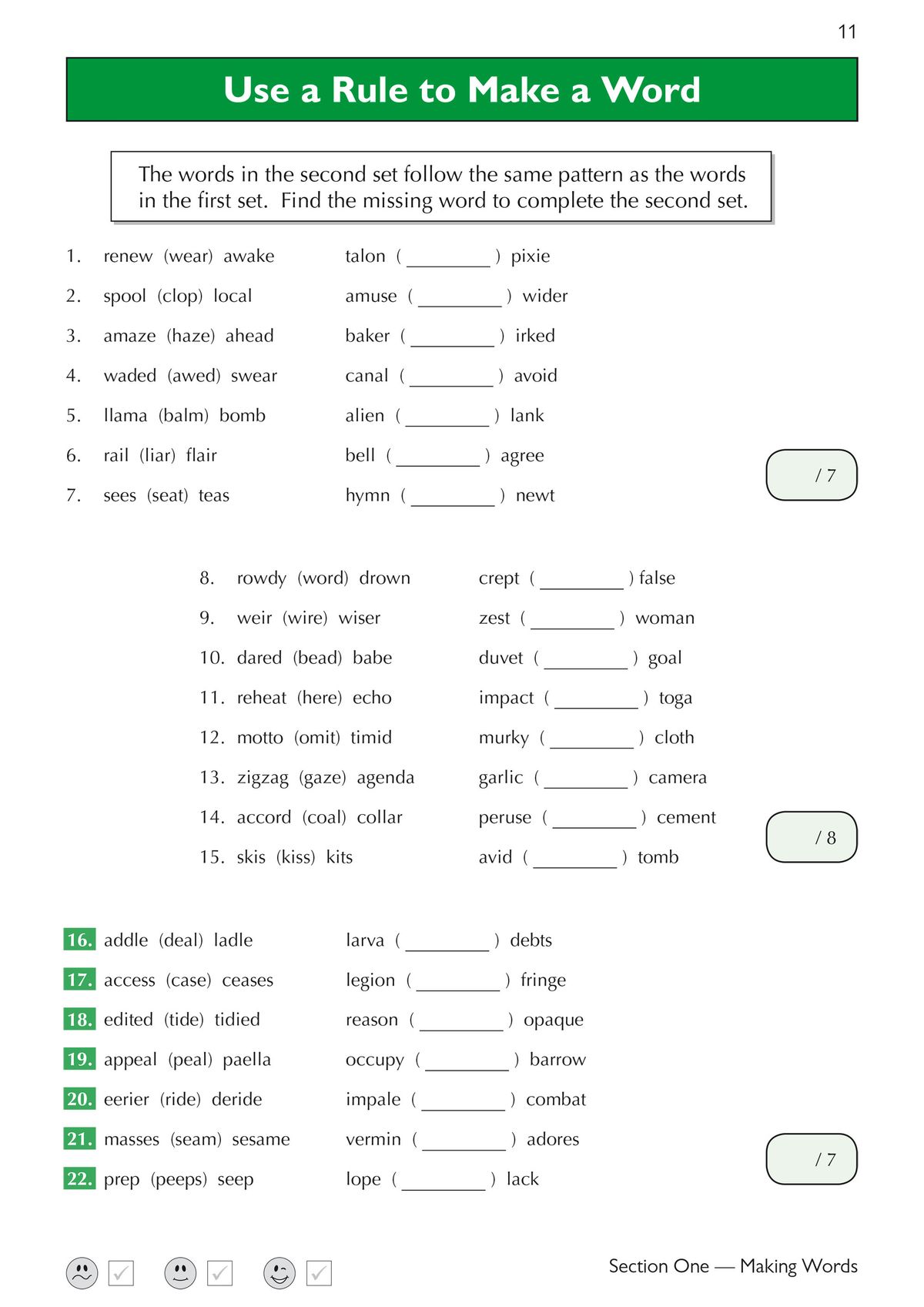 Sample page showing 'Use a Rule to Make a Word' verbal reasoning questions with worked example