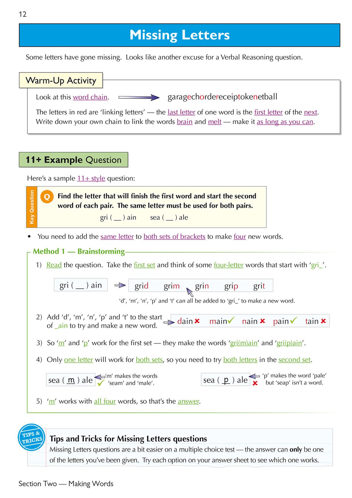 Inside page showing Missing Letters warm-up activity and step-by-step methods