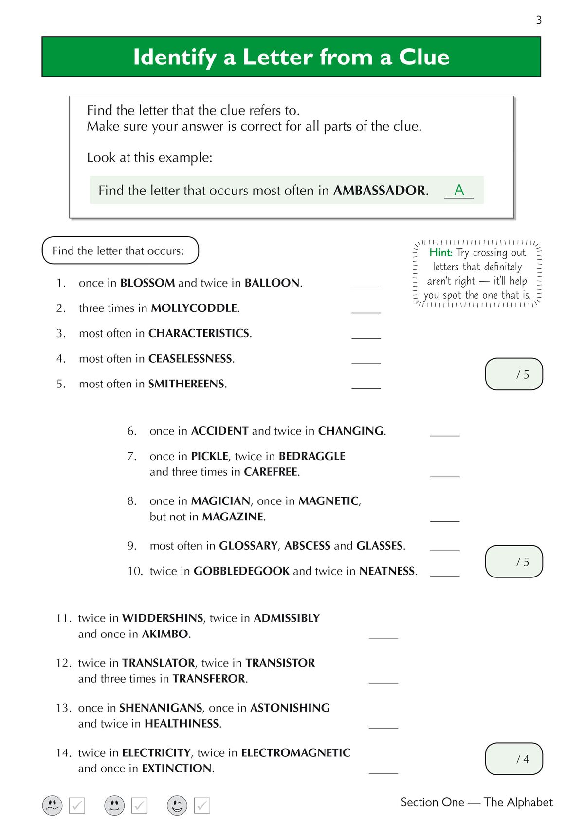 Sample page showing 'Identify a Letter from a Clue' exercises with worked examples and hints