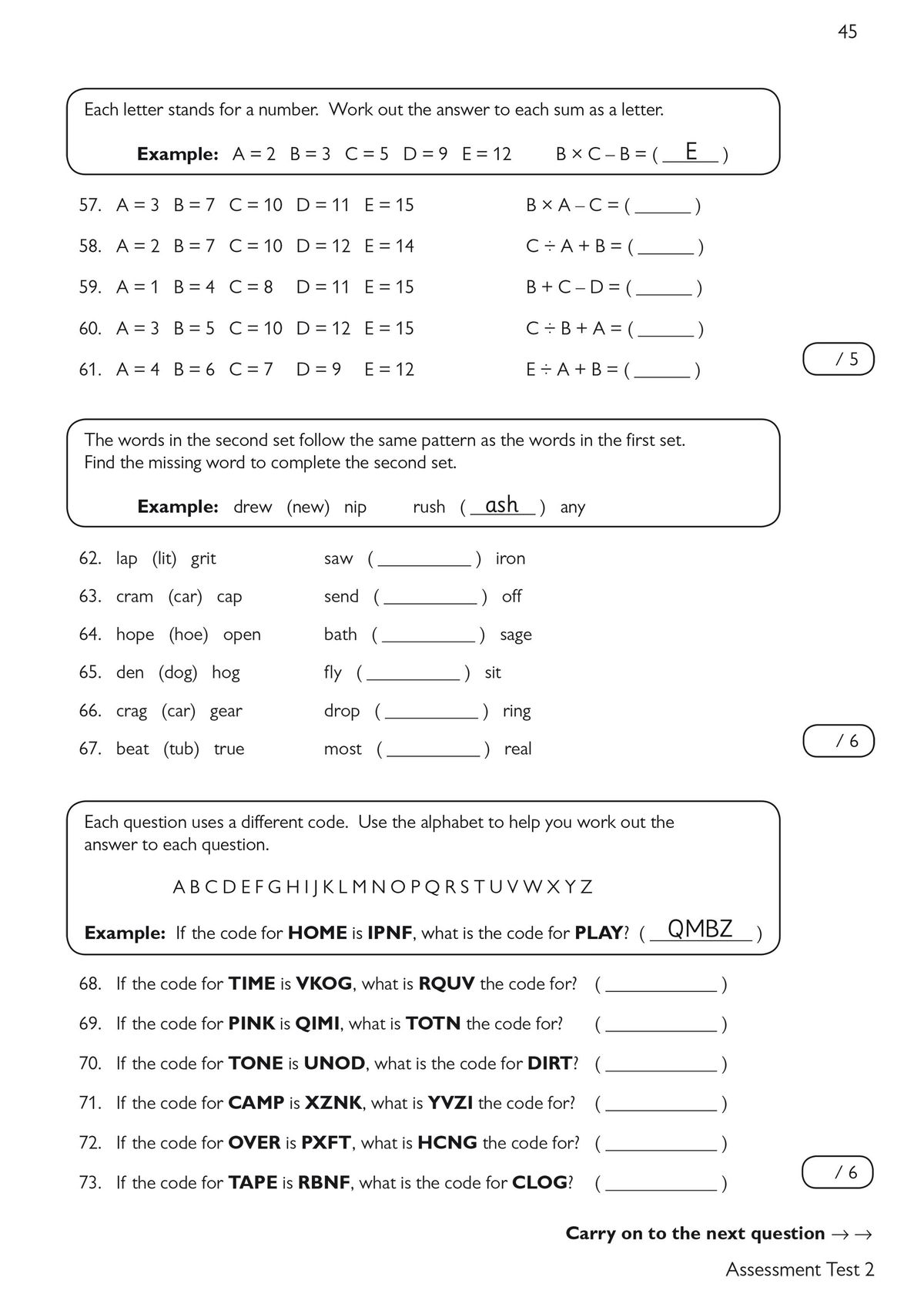 Sample page from the GL 11+ Verbal Reasoning Workbook showing alphabet code questions