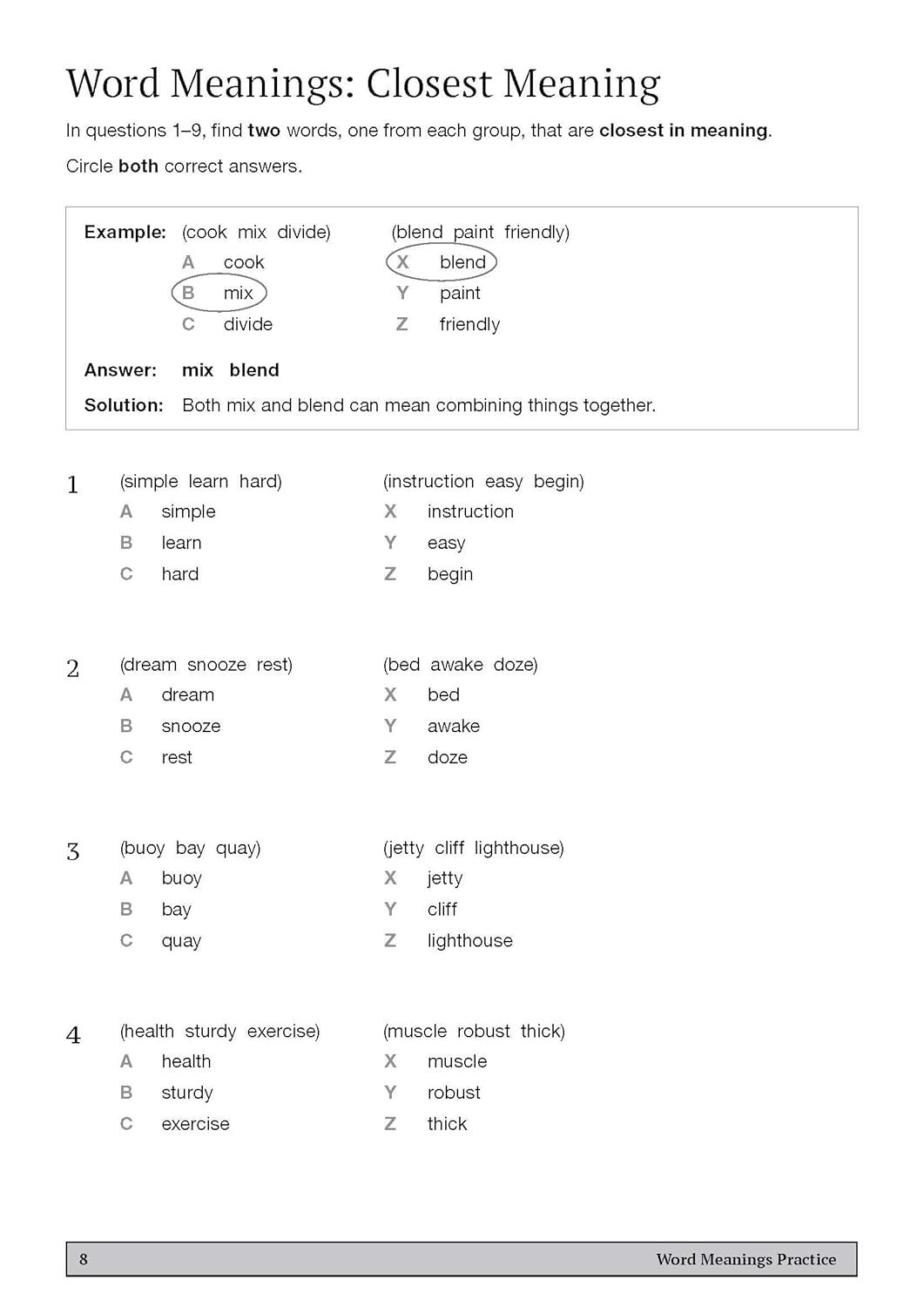 Sample page showing word meanings closest meaning question with worked example and practice questions