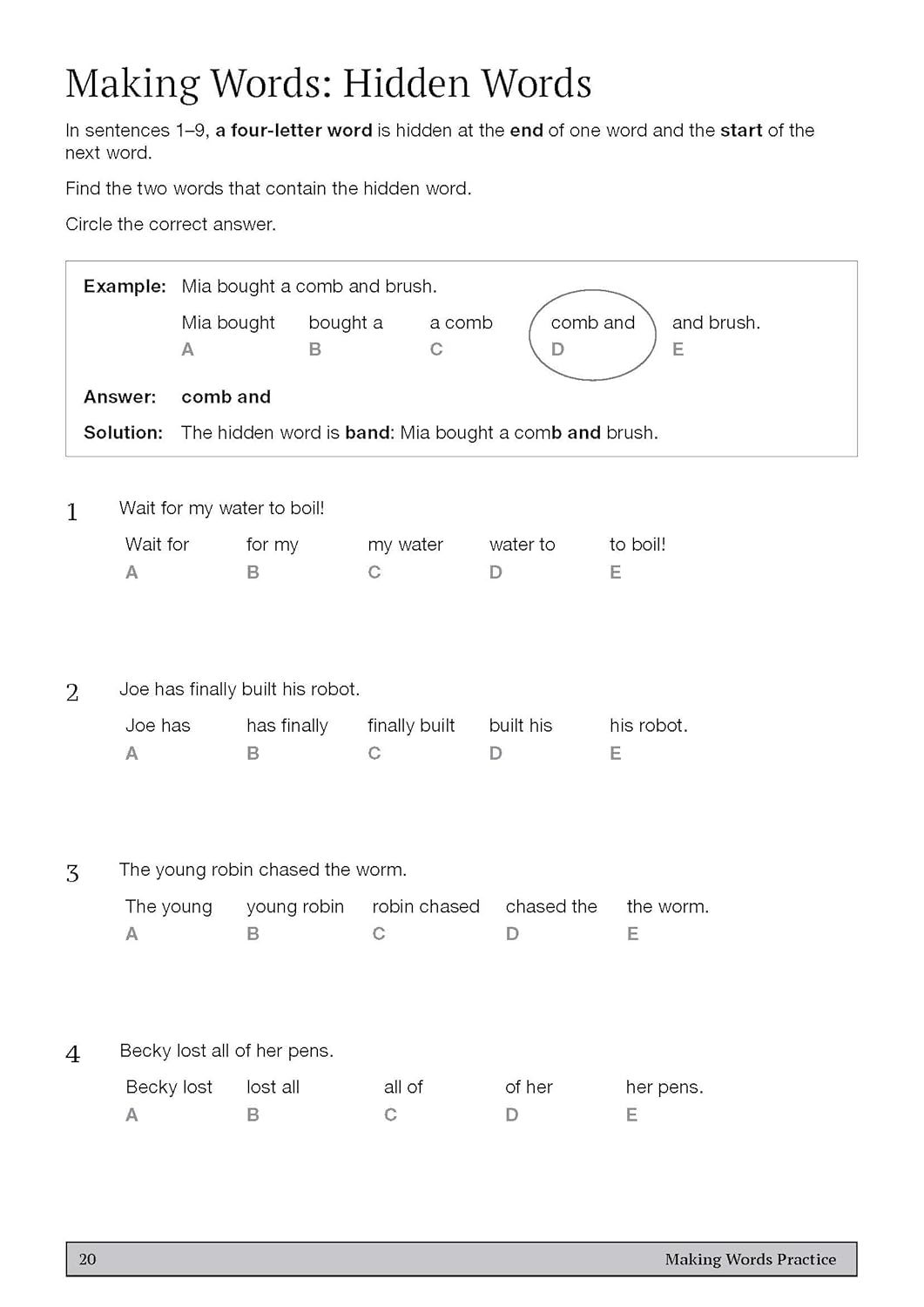 Sample page showing making words hidden words question with worked example and practice exercises