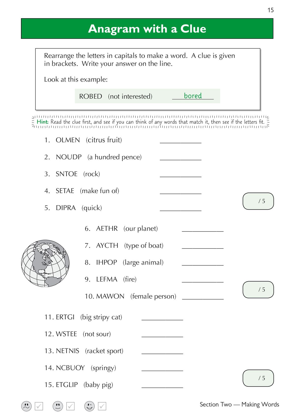 Verbal Reasoning workbook page showing Anagram with a Clue questions and practice exercises