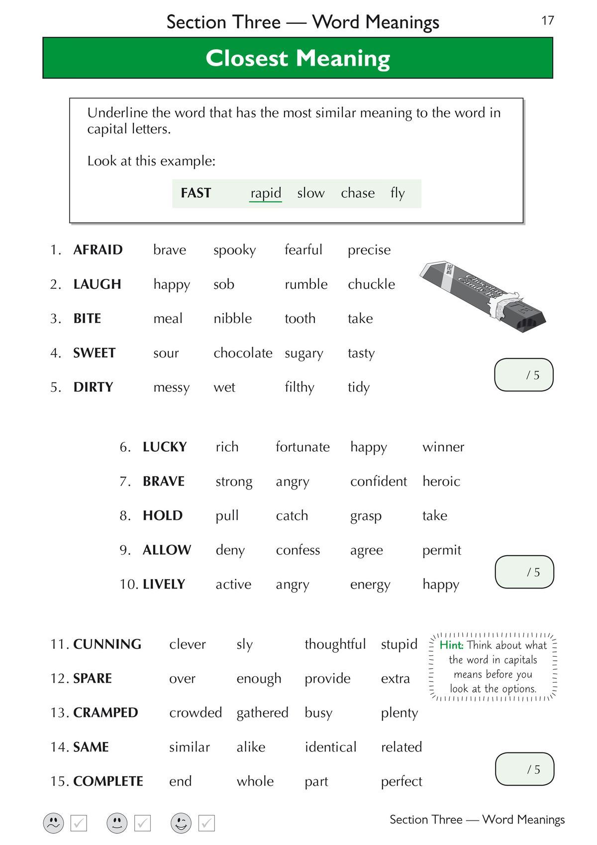 Sample page displaying Closest Meaning questions with helpful hints