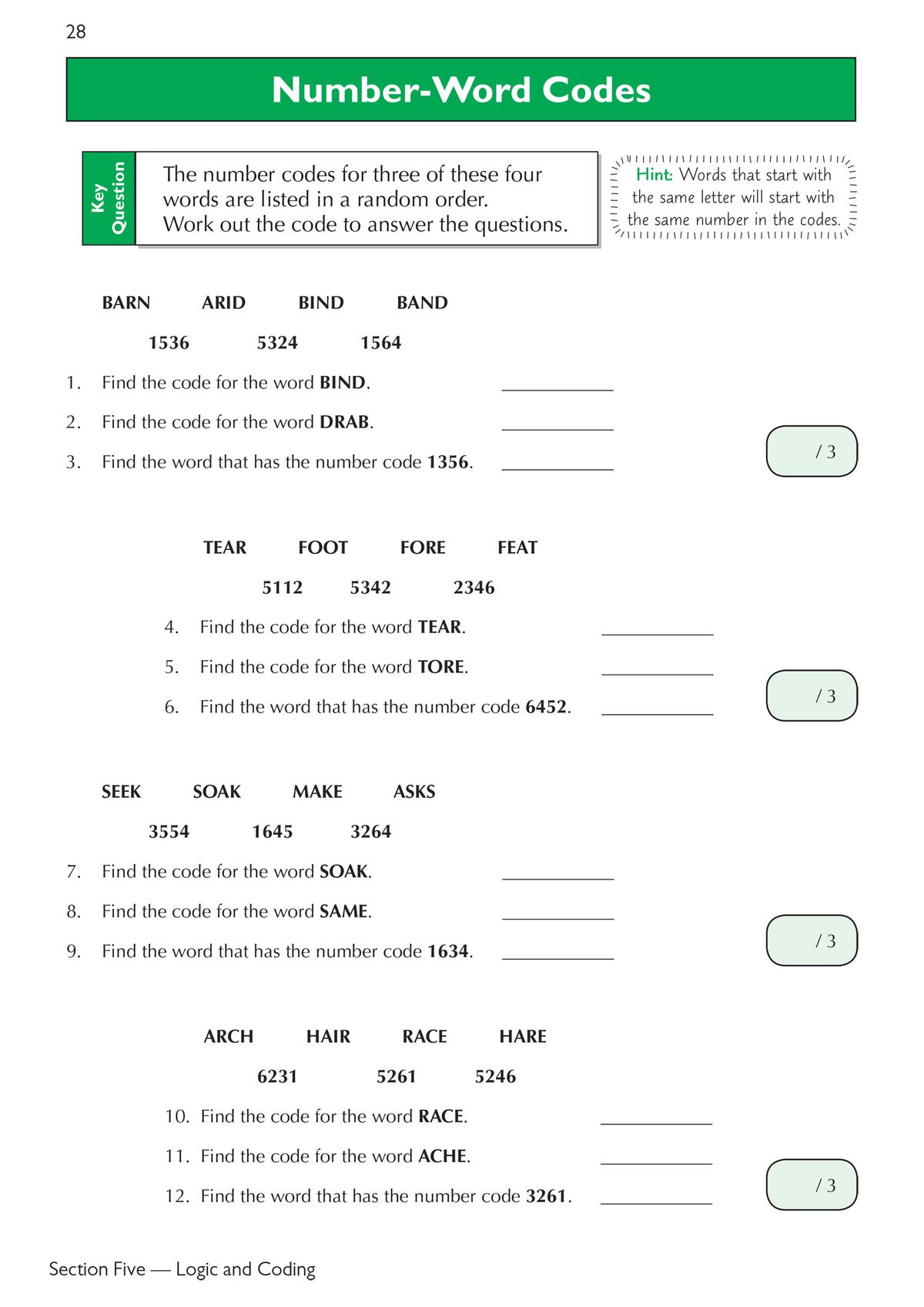 Sample practice page showing Number-Word Codes exercises with hints and scoring boxes