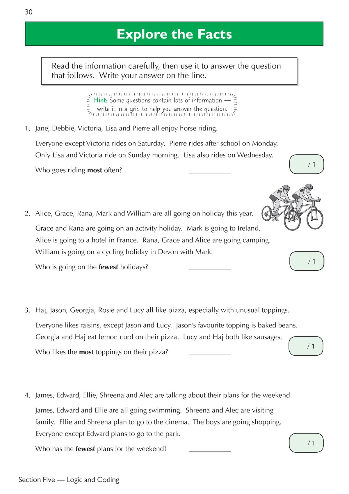 Sample practice page displaying Explore the Facts comprehension questions with answer lines and scoring