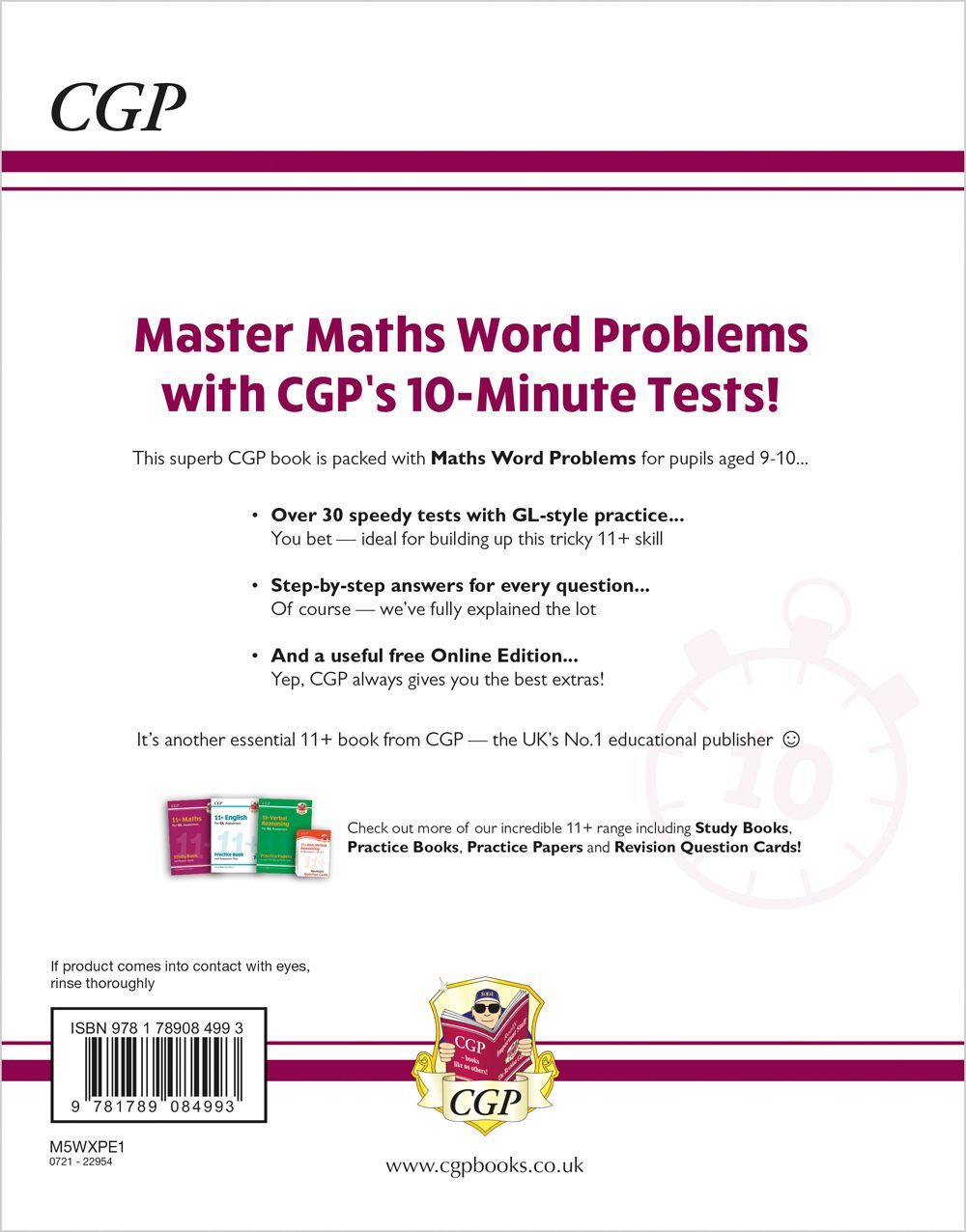 Back cover of GL 11+ Word Problems 10-Minute Tests showing key features and ISBN