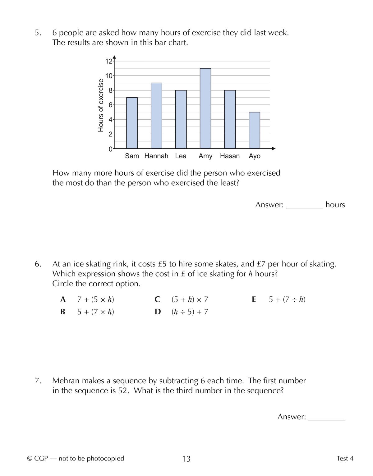 Sample test page showing maths word problems including bar chart and algebra questions