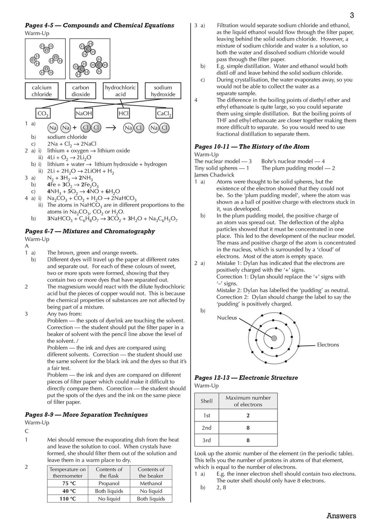 Sample answer page showing worked solutions for GCSE Chemistry topics