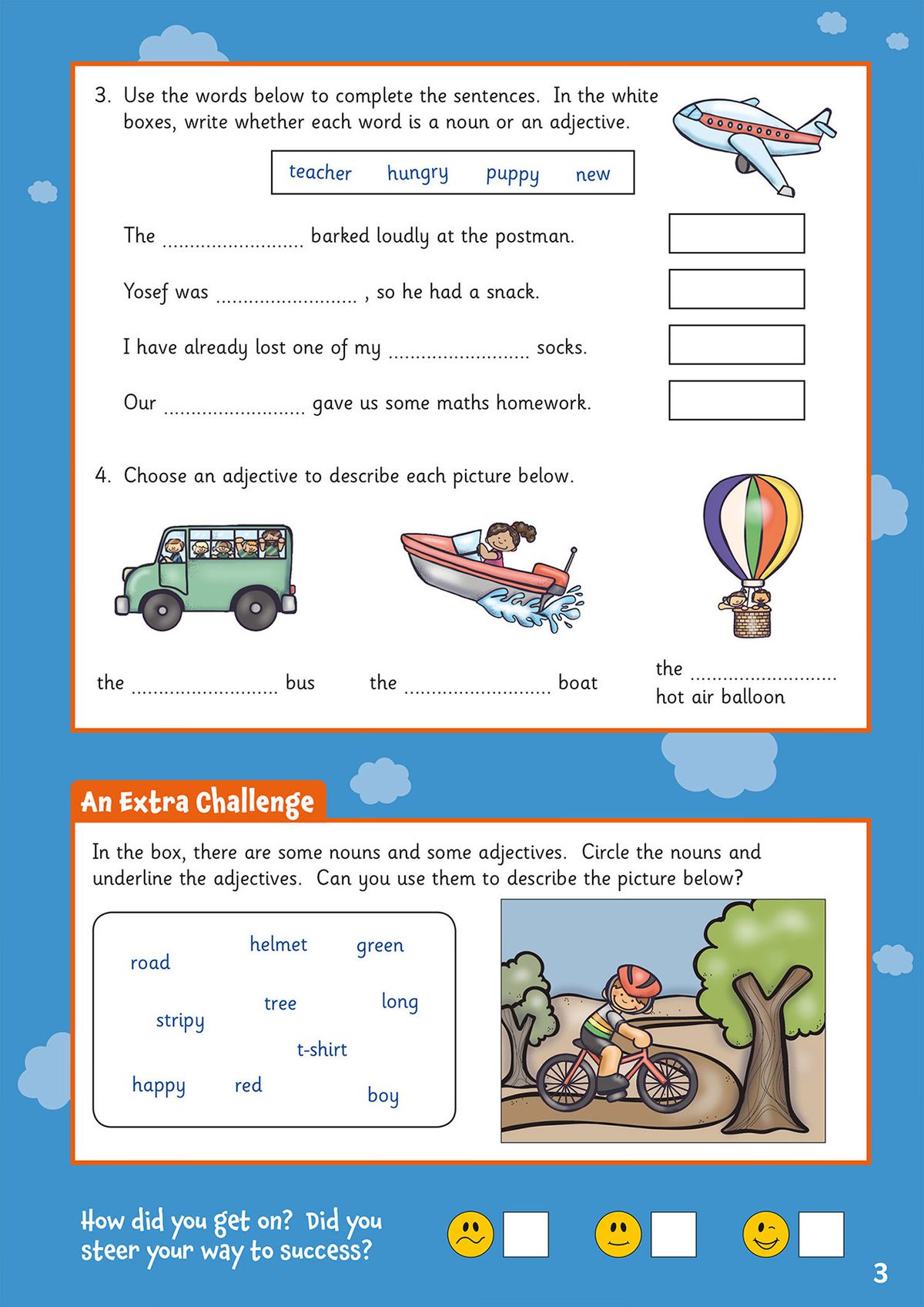 Sample page showing noun and adjective exercises with colourful illustrations