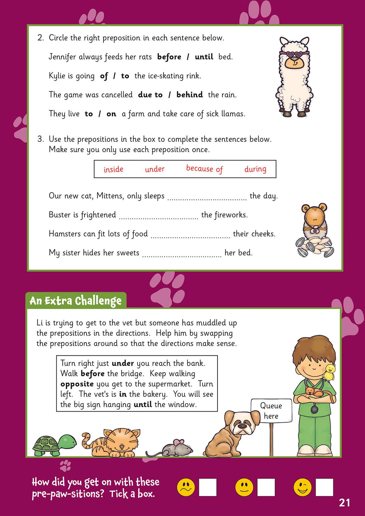Sample page featuring preposition exercises with animal-themed illustrations