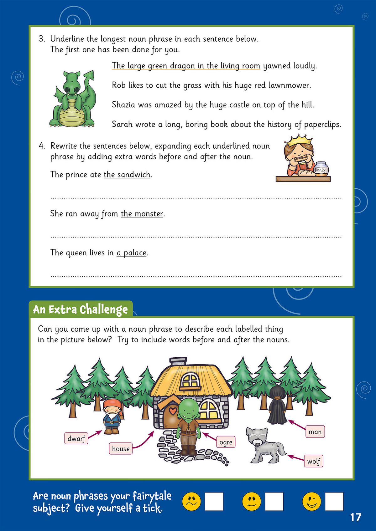 CGP Year 4 Grammar Activity Book page featuring noun phrases and fairytale-themed challenge questions