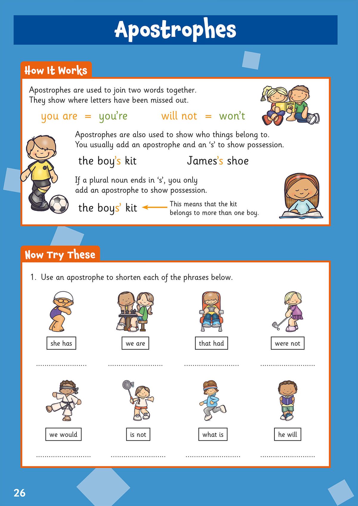 CGP Year 4 Grammar Activity Book page showing apostrophe rules and practice exercises