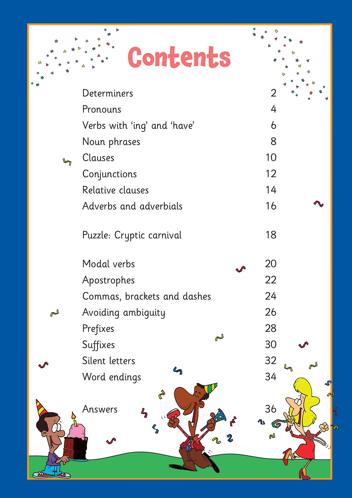 Contents page showing grammar and punctuation topics covered in the Year 5 activity book