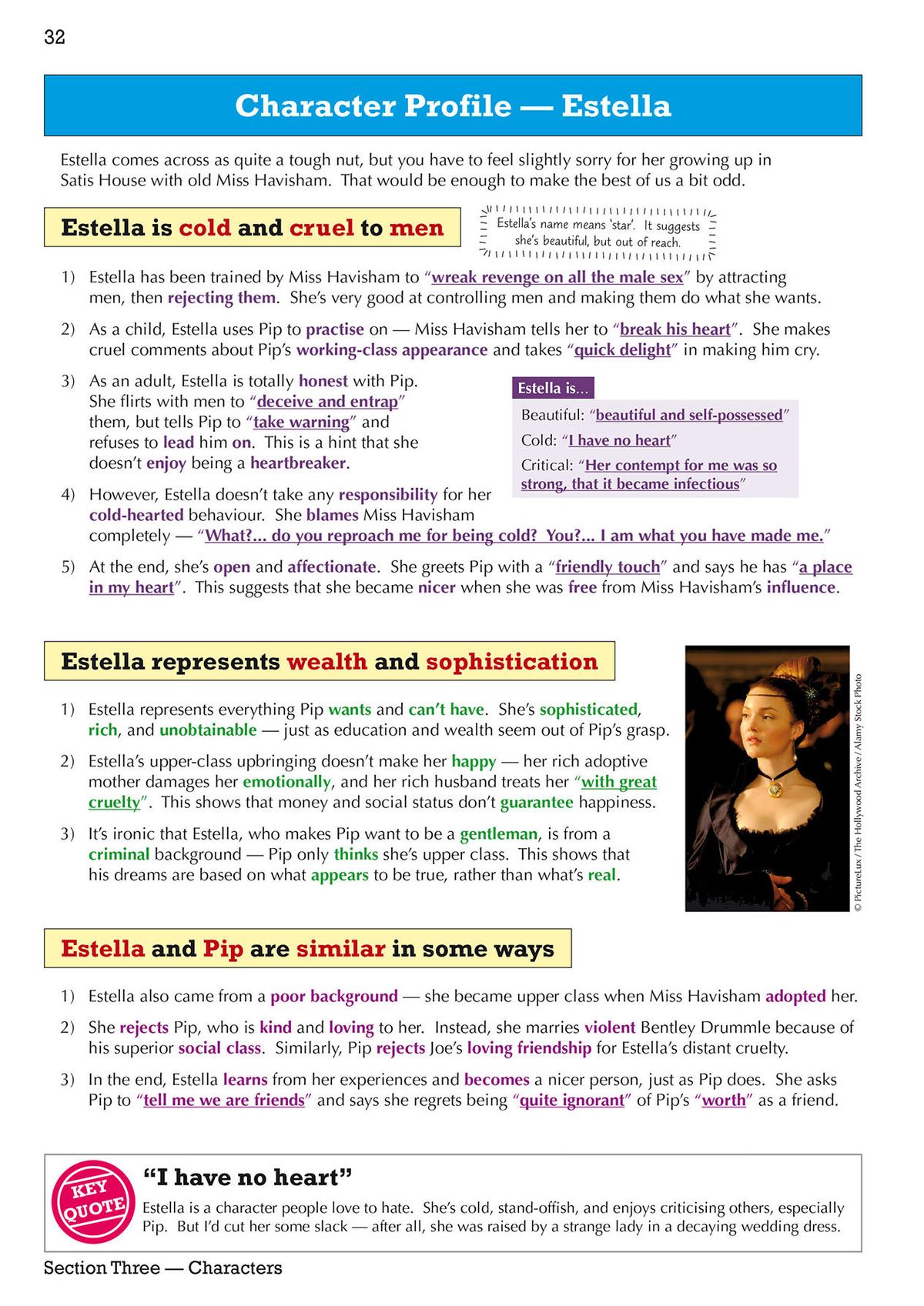 Character profile page for Estella with key quotes and analysis