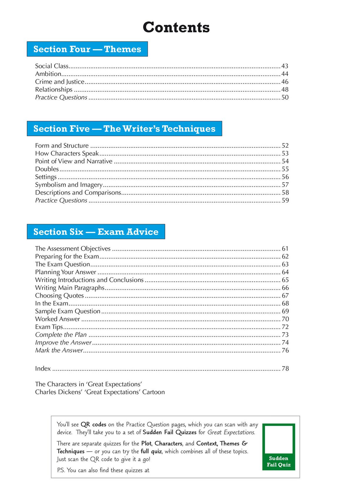 Contents page showing themes, writer's techniques and exam advice sections