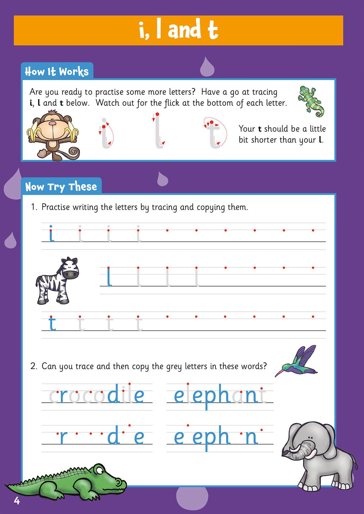 Handwriting practice page for letters i, l and t with tracing exercises and word completion activities