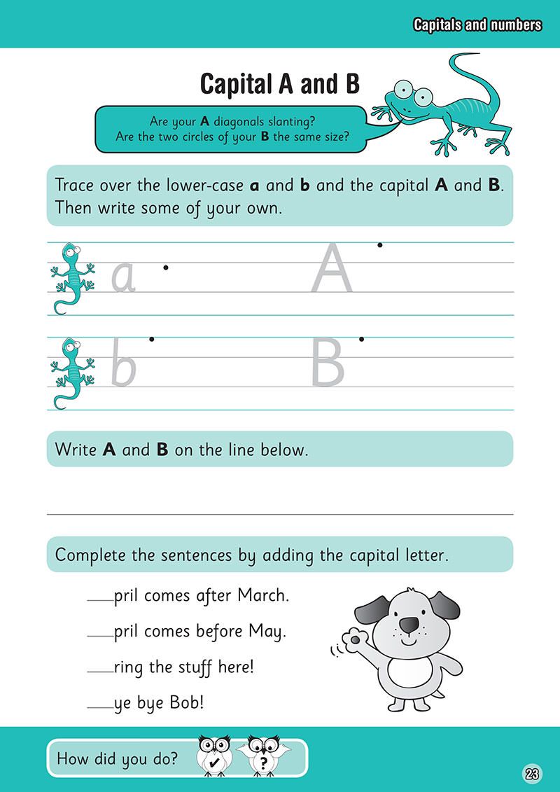 Sample workbook page showing letter formation practice for capitals A and B