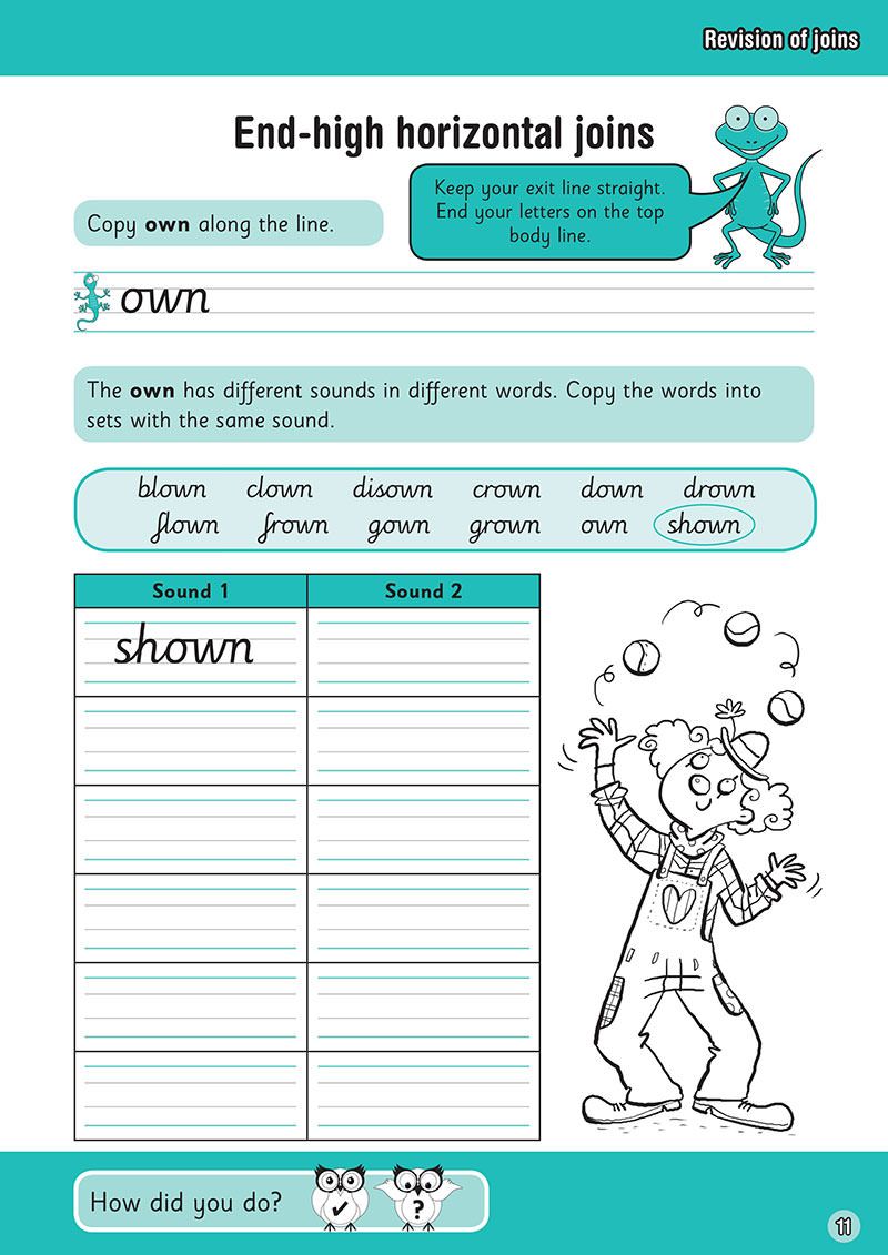 Inside page showing handwriting practice with letter joins and spelling activities