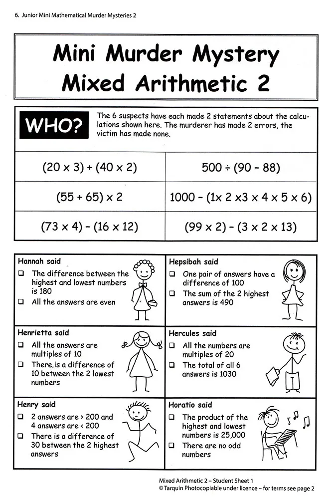 Sample murder mystery worksheet showing mixed arithmetic challenge with suspect statements