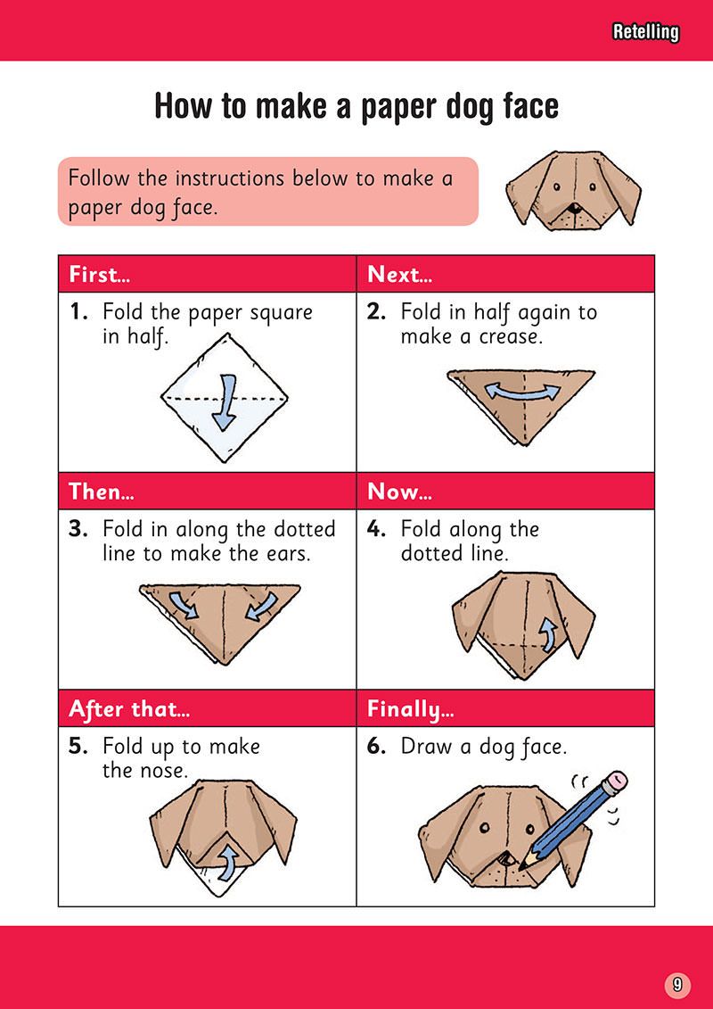 Sample page showing a retelling activity with instructions for making a paper dog face