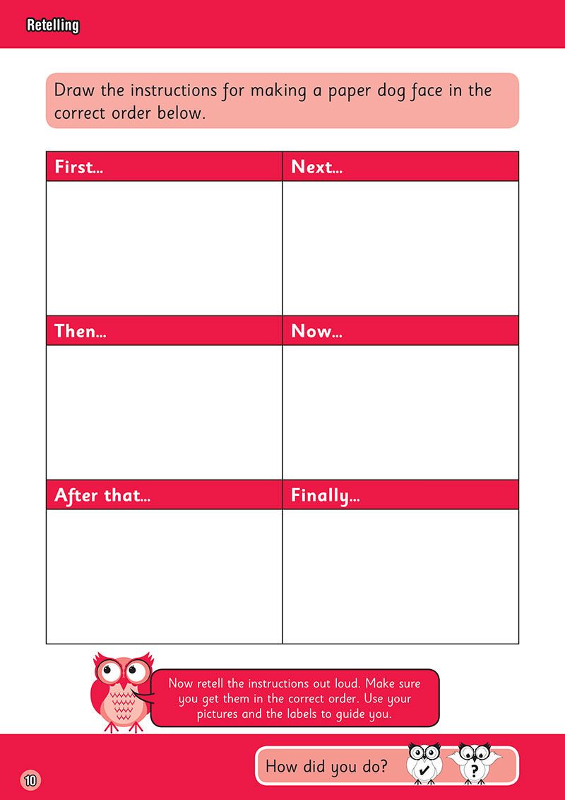 Blank retelling grid with labels First, Next, Then, Now, After that, and Finally