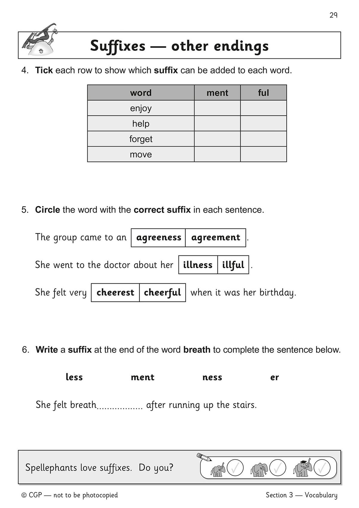 Inside page showing suffix practice with tick-box tables and multiple-choice questions