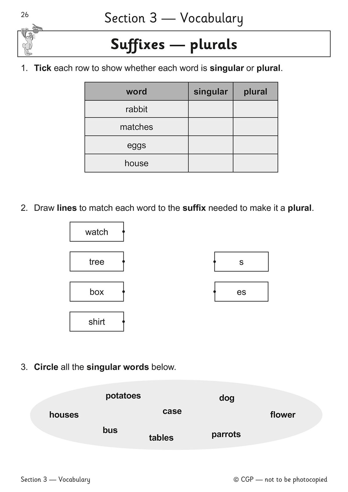 Inside page showing suffix practice with matching, circling and fill-in exercises