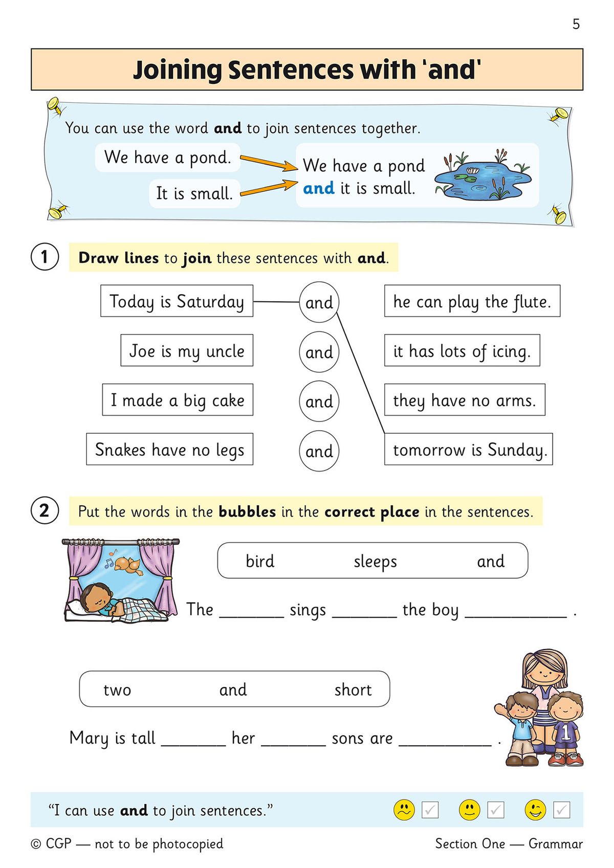 Sample page showing how to join sentences with 'and', with matching activities and colourful illustrations
