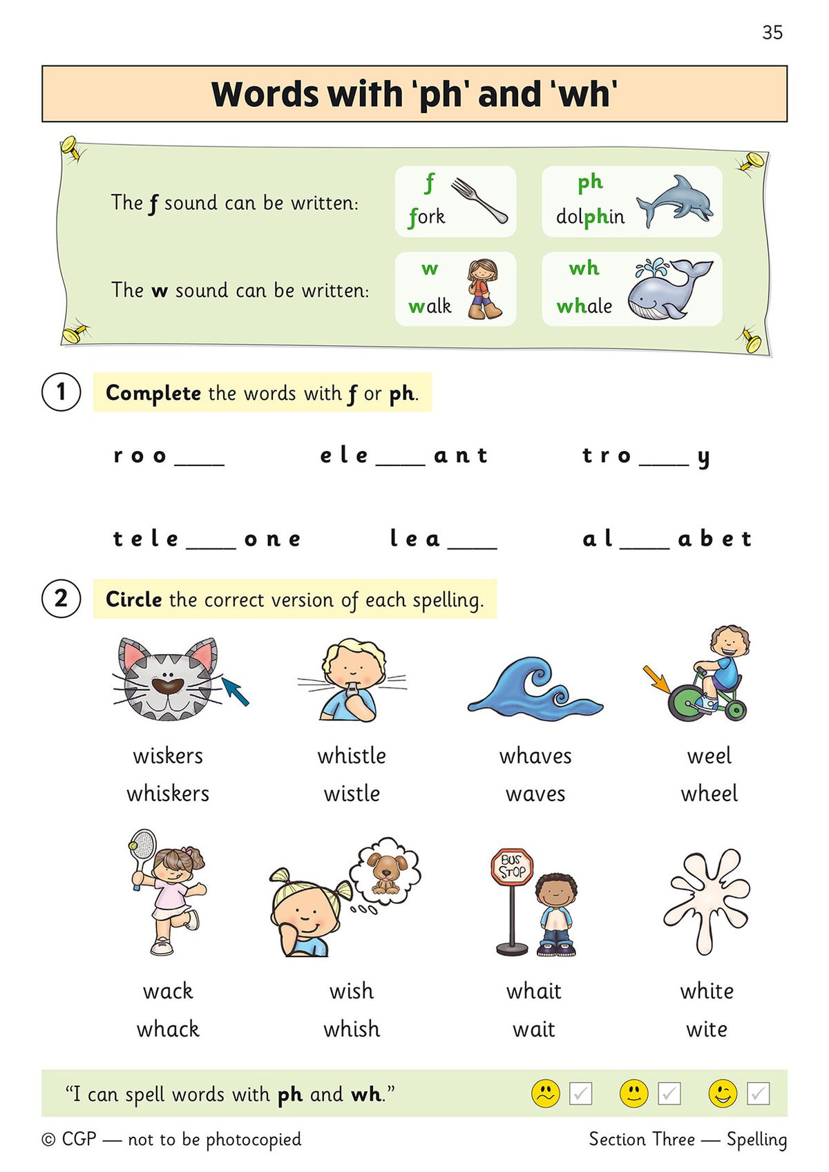 Sample spelling page focusing on words with 'ph' and 'wh' digraphs, featuring visual cues and fill-in exercises